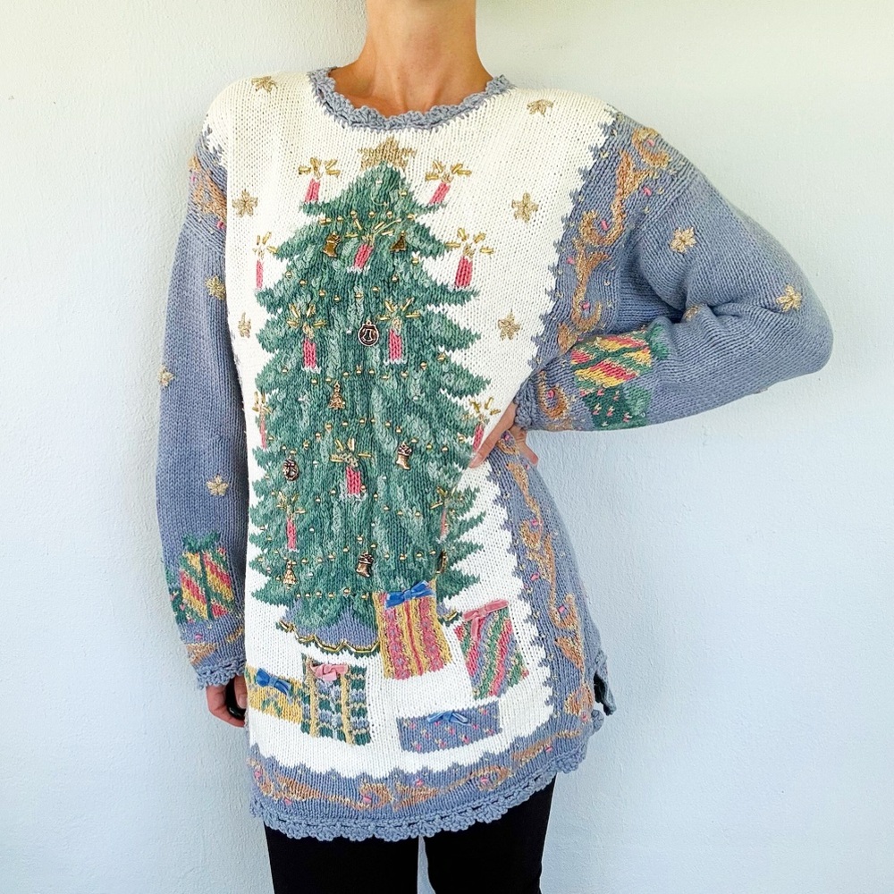 Vintage Northern Isles handmade purple knit Christmas charm sweater size medium